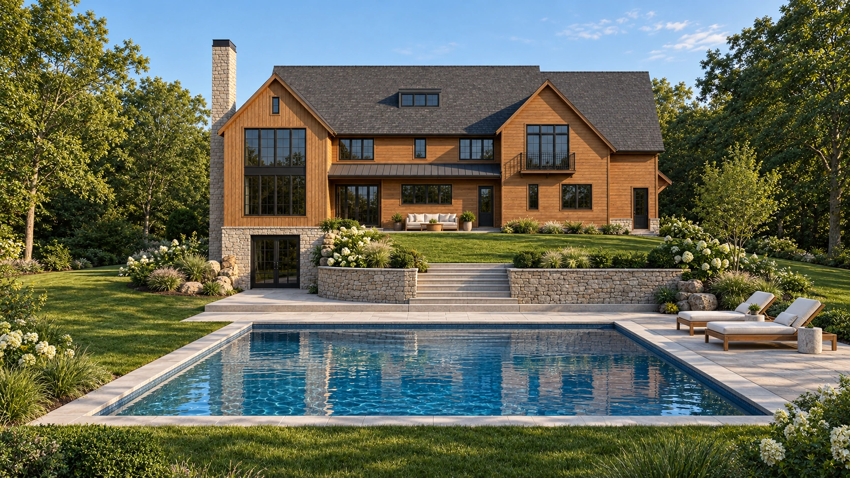Proposed Lot 13 backyard with landscaped terraces, central stone steps and a pool