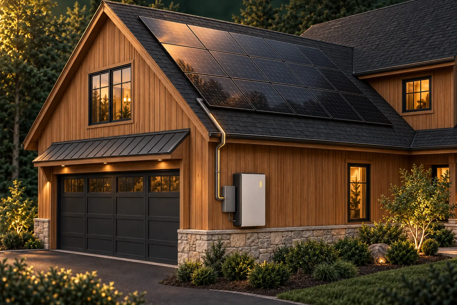 Illustrative cedar home with rooftop solar panels and a wall-mounted battery